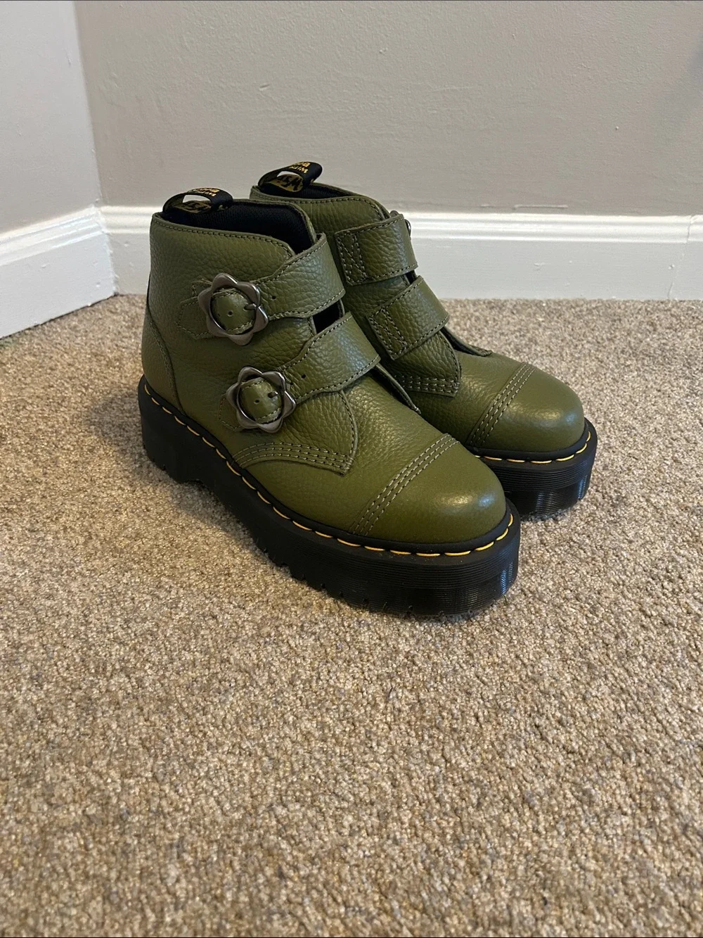 Dr. Martens Devon Flower Buckle Leather Platform Boots in khaki green